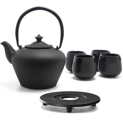 Asia Tee Set Gusseisen Teekanne 1.0L mit Untersetzer & 4 Teebecher aus Porzellan