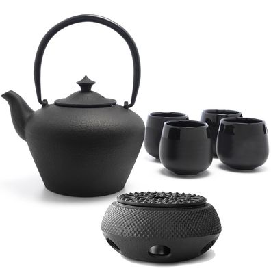 Asia Tee Set Gusseisen Teekanne 1.0 Liter & Stövchen & 4 Teebecher aus Porzellan