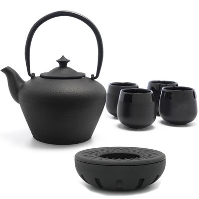 Asia Tee Set Gusseisen Teekanne 1.0 Liter Teewärmer & 4 Teebecher aus Porzellan