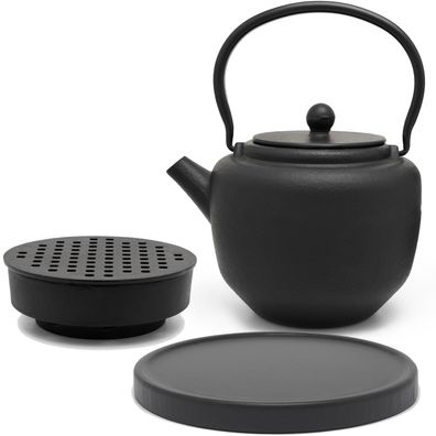 Asia Tee Set Gusseisen Teekanne 1.3 Liter Teewärmer & Holz-Untersetzer schwarz