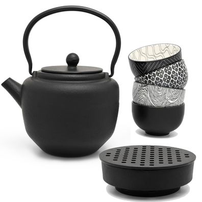 Asia Tee Set Gusseisen Teekanne 1.3 Liter mit Teewärmer & 4 Porzellan-Teebecher