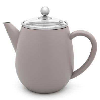 Teekanne 1.1 Liter doppelwandig Edelstahl-Kanne grau Glas-Deckel & Teefiltersieb