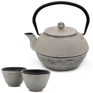 Graue große Asia Teekanne Gusseisen 1.1 Liter mit Tee-Sieb Tee Set & 2 Teebecher