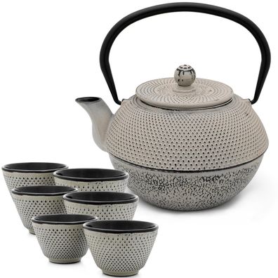 Graue große Asia Teekanne Gusseisen 1.1 Liter mit Tee-Sieb Tee Set & 6 Teebecher