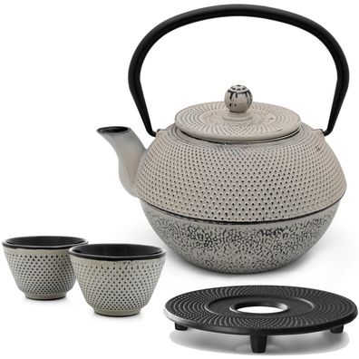 Große graue Aisa Teekanne Gusseisen 1.1 Liter Tee-Set 2 Teebecher & Untersetzer
