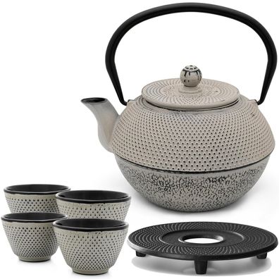 Große graue Aisa Teekanne Gusseisen 1.1 Liter Tee-Set 4 Teebecher & Untersetzer