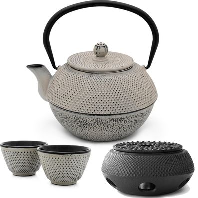 Graue große Asia Teekanne Gusseisen 1.1 Liter Tee-Set 2 Teebecher mit Stövchen
