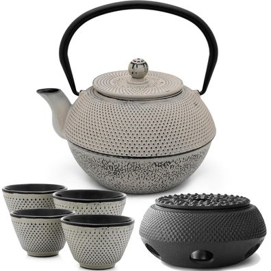 Graue große Asia Teekanne Gusseisen 1.1 Liter Tee-Set 4 Teebecher mit Stövchen
