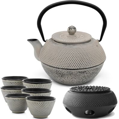 Graue große Asia Teekanne Gusseisen 1.1 Liter Tee-Set 6 Teebecher mit Stövchen