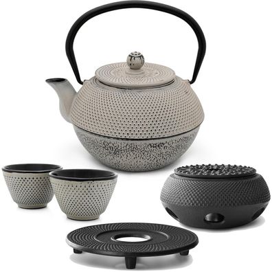 Teekanne Set Gusseisen 1.1 Liter grau Tee-Set 2 Becher Untersetzer mit Stövchen