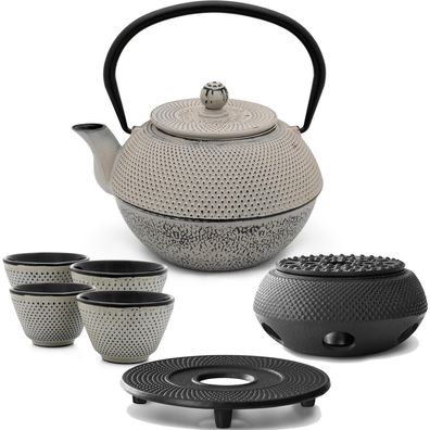 Teekanne Set Gusseisen 1.1 Liter grau Tee-Set 4 Becher Untersetzer mit Stövchen