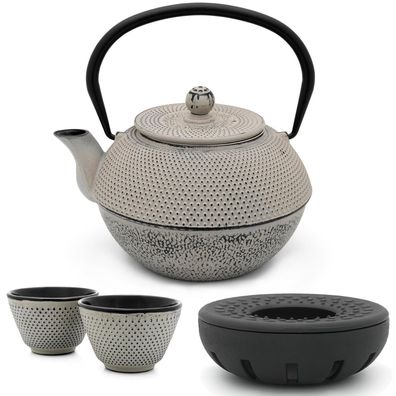 Asiatische Teekanne Gusseisen 1.1 Liter grau Tee-Set mit 2 Becher mit Teewärmer