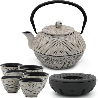 Asiatische Teekanne Gusseisen 1.1 Liter grau Tee-Set mit 6 Becher mit Teewärmer
