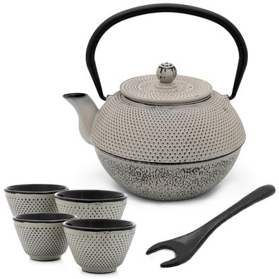 Asia Teekanne Gusseisen 1.1 Liter grau Tee-Set mit 4 Teebecher mit Deckelheber