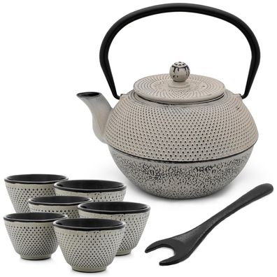 Asia Teekanne Gusseisen 1.1 Liter grau Tee-Set mit 6 Teebecher mit Deckelheber