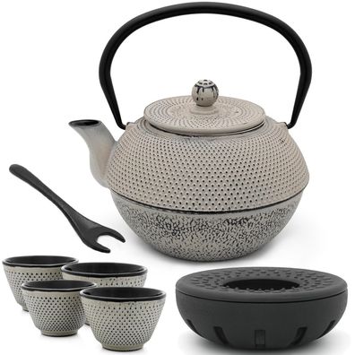 Asia Teekanne Gusseisen 1.1 L grau Tee-Set 4 Becher mit Teewärmer & Deckelheber