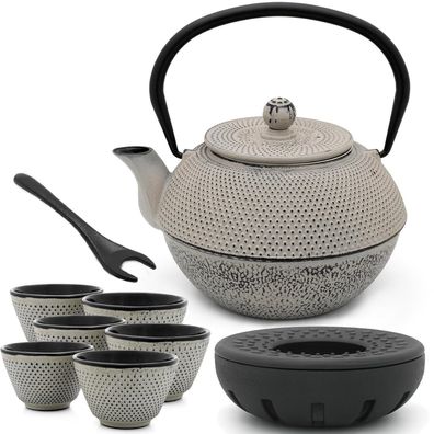 Asia Teekanne Gusseisen 1.1 L grau Tee-Set 6 Becher mit Teewärmer & Deckelheber