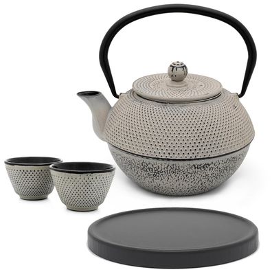 Asia Teekanne Gusseisen 1.1 Liter grau Tee-Set 2 Teebecher mit Holz Untersetzer