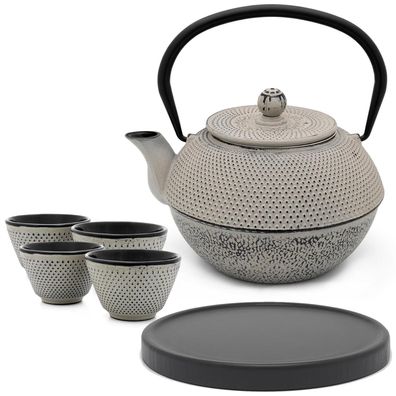 Asia Teekanne Gusseisen 1.1 Liter grau Tee-Set 4 Teebecher mit Holz Untersetzer