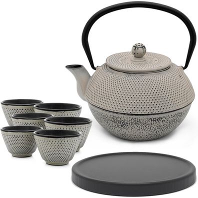 Asia Teekanne Gusseisen 1.1 Liter grau Tee-Set 6 Teebecher mit Holz Untersetzer