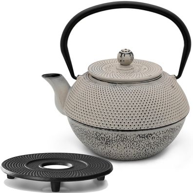 Asiatische Teekanne Set Gusseisen 1.1 L grau Teeset mit Guss-Untersetzer schwarz