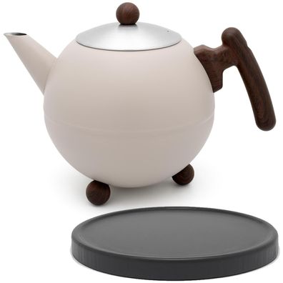 Edelstahl Teekanne 1.2 L doppelwandig Teebereiter beige Kanne & Untersetzer Holz