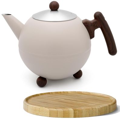 Teekanne 1.2 L Edelstahl doppelwandig beige Kanne Teebereiter & Untersetzer Holz