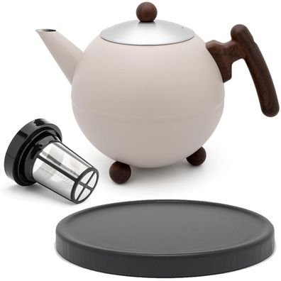 Teekanne 1.2 Liter doppelwandig Edelstahl beige Teesieb Untersetzer Teebereiter