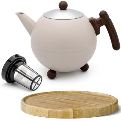 Teekanne 1.2 L doppelwandig beige Edelstahl Teesieb Holzuntersetzer Teebereiter