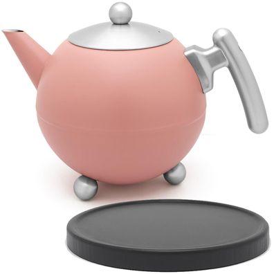 Edelstahl Teekanne 1.2 L doppelwandig Teebereiter rosa Kanne & Untersetzer Holz