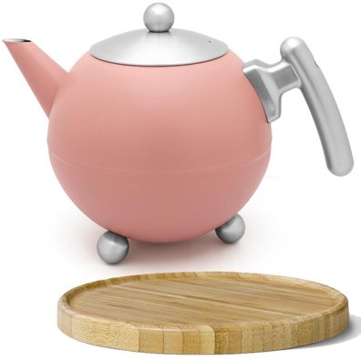 Teekanne 1.2 L Edelstahl doppelwandig rosa Kanne Teebereiter & Untersetzer Holz