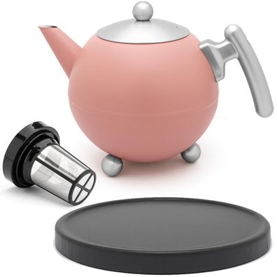 Teekanne 1.2 Liter doppelwandig Edelstahl Teesieb rosa Untersetzer Teebereiter