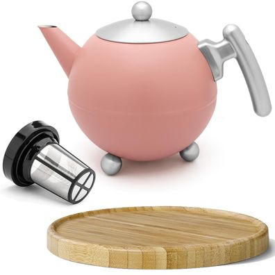 Teekanne 1.2 L doppelwandig rosa Edelstahl Teesieb Holzuntersetzer Teebereiter