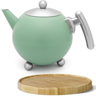 Teekanne 1.2 L Edelstahl doppelwandig grüne Kanne Teebereiter & Untersetzer Holz