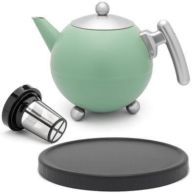 Teekanne 1.2 Liter doppelwandig Edelstahl Teesieb grün Untersetzer Teebereiter