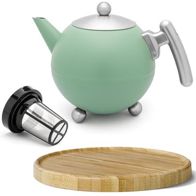 Teekanne 1.2 L doppelwandig grün Edelstahl Teesieb Holzuntersetzer Teebereiter