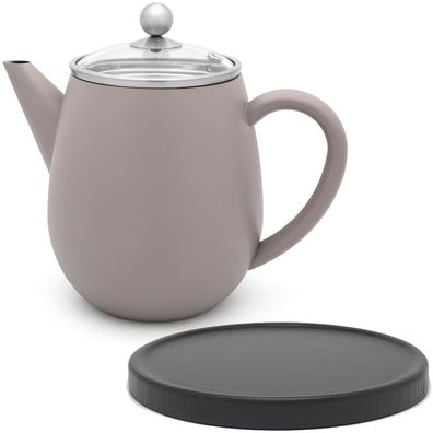 Teekanne 1.1 L Edelstahl grau doppelwandig Glasdeckel & Tee-Filter & Untersetzer