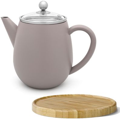 Edelstahl Teekanne 1.1 L grau doppelwandig & Tee-Filter Untersetzer & Glasdeckel