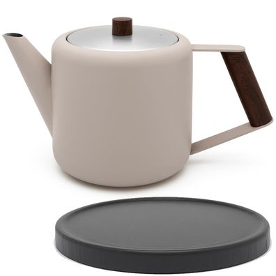 Teekanne 1.1 Liter beige doppelwandig Kanne aus Edelstahl & Untersetzer schwarz