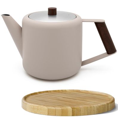 Teekanne 1.1 Liter beige doppelwandig Kanne aus Edelstahl mit Untersetzer braun