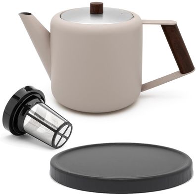 Teekanne 1.1 Liter beige doppelwandig Kanne aus Edelstahl Filter & Untersetzer