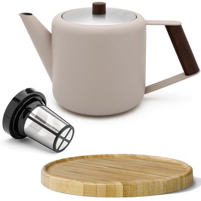 Edelstahl Teekanne 1.1 Liter beige doppelwandig Kanne mit Filter & Untersetzer