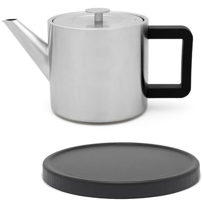 Teekanne 1.1 Liter matt doppelwandig Kanne aus Edelstahl & Untersetzer schwarz