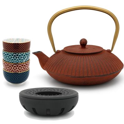 Teekanne 1.1 Liter rot Gusseisen Set mit Teewärmer & 4 Tee-Becher aus Porzellan