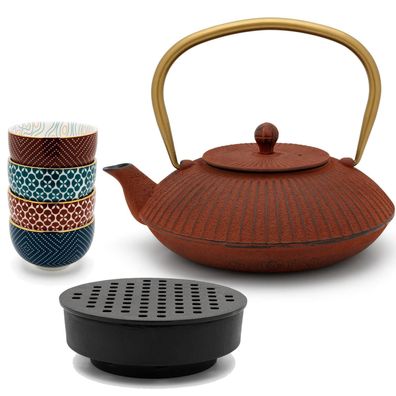 Teekanne 1.1 Liter rot Gusseisen Set mit Stövchen & 4 Tee-Becher aus Porzellan