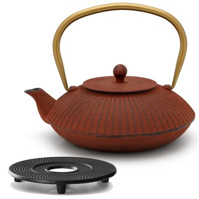 Asia Teekanne 1.1 Liter Gusseisen rot Set mit Tee-Filter-Sieb & Guss-Untersetzer