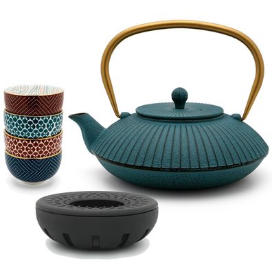 Teekanne 1.1 Liter blau Gusseisen Set mit Teewärmer & 4 Tee-Becher aus Porzellan
