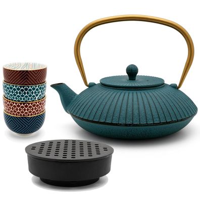 Teekanne 1.1 Liter blau Gusseisen Set mit Stövchen & 4 Tee-Becher aus Porzellan