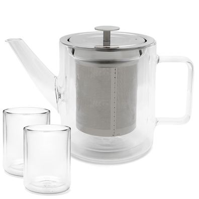 Glas Teekanne 1.0 Liter doppelwandig Kannen Set & 2 Teegläser je 290 ml Volumen