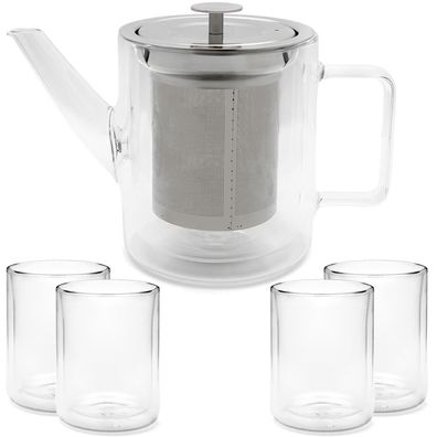 Glas Teekanne 1.0 Liter doppelwandig Kannen Set & 4 Teegläser je 290 ml Volumen